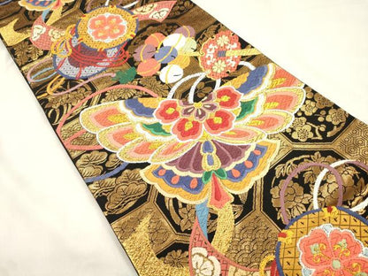 平和屋着物●六通柄袋帯　唐織　玩具文　黒地　金銀糸　正絹　逸品　CABM7798dy