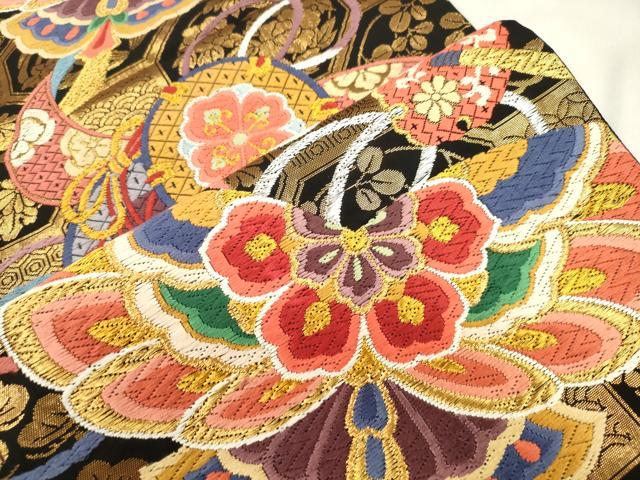 平和屋着物●六通柄袋帯　唐織　玩具文　黒地　金銀糸　正絹　逸品　CABM7798dy