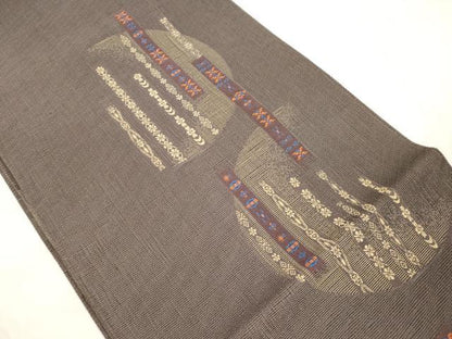 平和屋着物▽六通柄袋帯　スリーシーズン　春夏秋　三日月　幾何学花文　正絹　逸品　CABM7832dy