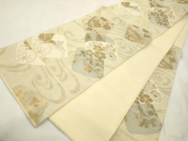 平和屋着物▽六通柄袋帯　スリーシーズン　春夏秋　色紙重ね草花文　金銀糸　正絹　逸品　CABM7839dy