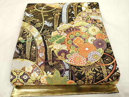 平和屋着物●西陣　京藝謹製　六通柄袋帯　唐織　組舎壱篠路　草花丸文　黒地　金糸　正絹　逸品　CABM7910dy