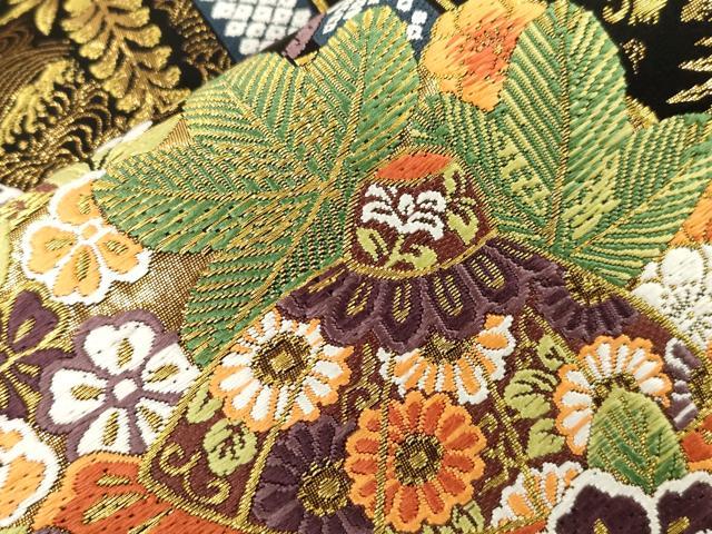 平和屋着物●西陣　京藝謹製　六通柄袋帯　唐織　組舎壱篠路　草花丸文　黒地　金糸　正絹　逸品　CABM7910dy