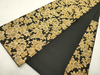 平和屋着物●ファッションデザイナー 花井幸子　六通柄袋帯　草花文　黒地　金糸　正絹　逸品　CABM7922dy