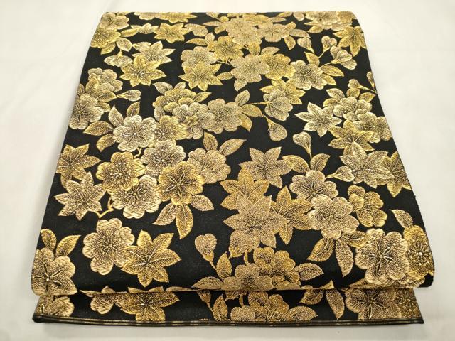 平和屋着物●ファッションデザイナー 花井幸子　六通柄袋帯　草花文　黒地　金糸　正絹　逸品　CABM7922dy