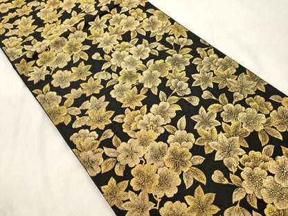 平和屋着物●ファッションデザイナー 花井幸子　六通柄袋帯　草花文　黒地　金糸　正絹　逸品　CABM7922dy