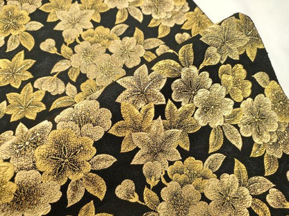平和屋着物●ファッションデザイナー 花井幸子　六通柄袋帯　草花文　黒地　金糸　正絹　逸品　CABM7922dy
