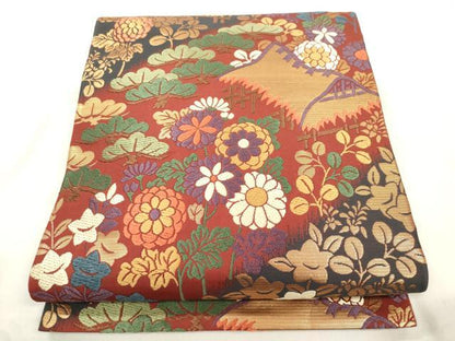 平和屋着物●ファッションデザイナー 花井幸子　六通柄袋帯　唐織　風景文　金糸　正絹　逸品　CABM7927dy