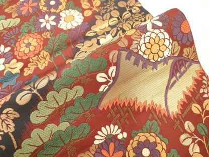 平和屋着物●ファッションデザイナー 花井幸子　六通柄袋帯　唐織　風景文　金糸　正絹　逸品　CABM7927dy