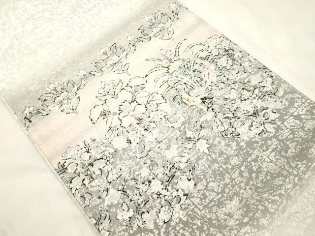 平和屋着物●石川県指定無形文化財　牛首紬　白山工房　手織り　全通柄袋帯　草花文　銀彩　正絹　逸品　CABM7933dy
