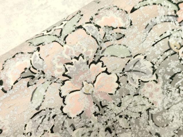 平和屋着物●石川県指定無形文化財　牛首紬　白山工房　手織り　全通柄袋帯　草花文　銀彩　正絹　逸品　CABM7933dy