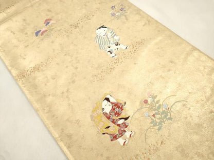 平和屋着物●六通柄袋帯　九百錦　人物文　手織引箔　正絹　逸品　未使用　CABM7943dy