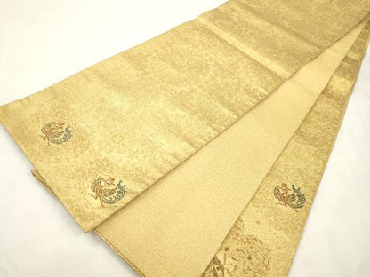 平和屋着物●六通柄袋帯　尾長鳥花文　金糸　正絹　逸品　CABM7949dy