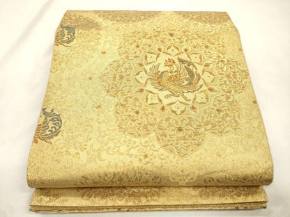 平和屋着物●六通柄袋帯　尾長鳥花文　金糸　正絹　逸品　CABM7949dy
