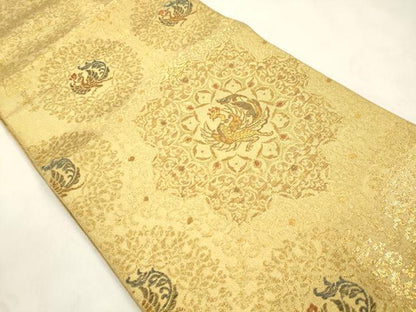 平和屋着物●六通柄袋帯　尾長鳥花文　金糸　正絹　逸品　CABM7949dy