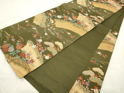 平和屋着物●ファッションデザイナー 花井幸子　六通柄袋帯　唐織　草花文　金糸　正絹　逸品　CABM7954dy