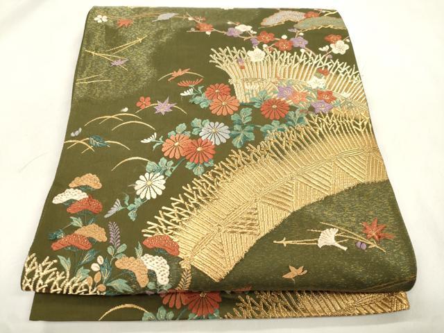 平和屋着物●ファッションデザイナー 花井幸子　六通柄袋帯　唐織　草花文　金糸　正絹　逸品　CABM7954dy