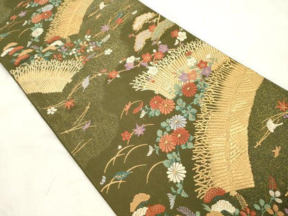 平和屋着物●ファッションデザイナー 花井幸子　六通柄袋帯　唐織　草花文　金糸　正絹　逸品　CABM7954dy