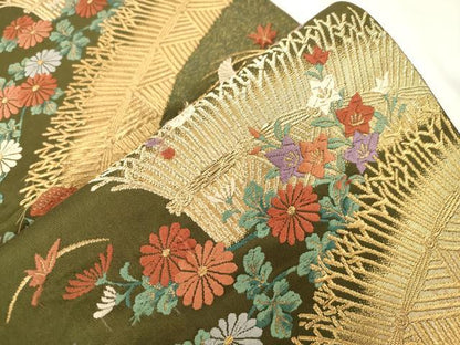 平和屋着物●ファッションデザイナー 花井幸子　六通柄袋帯　唐織　草花文　金糸　正絹　逸品　CABM7954dy