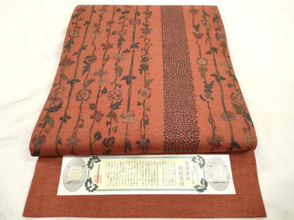 平和屋着物●全通柄袋帯　本場真綿絢結城紬　草花間道　証紙付き　正絹　逸品　CABM7957dy