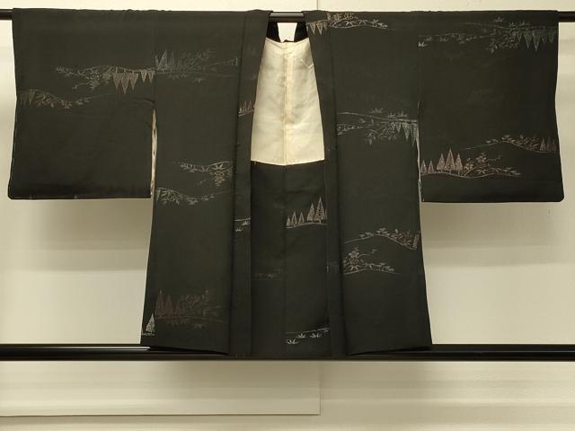 平和屋着物＃羽織　寿光織　樹林草花文　黒地　銀糸　正絹　逸品　CABM8090in
