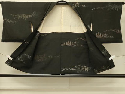 平和屋着物＃羽織　寿光織　樹林草花文　黒地　銀糸　正絹　逸品　CABM8090in