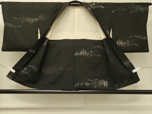 平和屋着物＃羽織　寿光織　樹林草花文　黒地　銀糸　正絹　逸品　CABM8090in