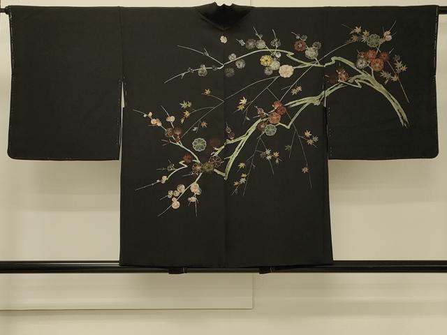 平和屋着物＃羽織　寿光織　枝花文　黒地　金銀糸　正絹　逸品　CABM8099in
