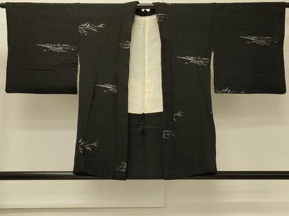 平和屋着物＃羽織　寿光織　枝葉文　黒地　金銀糸　正絹　逸品　CABM8101in