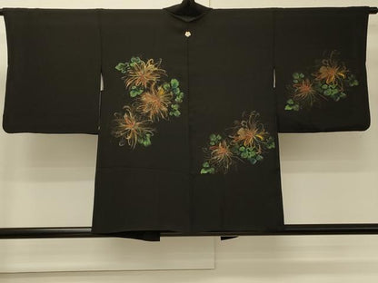 平和屋着物＃羽織　寿光織　草花文　黒地　金糸　正絹　逸品　CABM8104in
