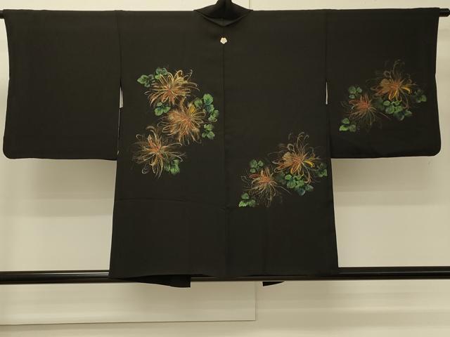 平和屋着物＃羽織　寿光織　草花文　黒地　金糸　正絹　逸品　CABM8104in