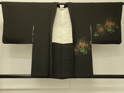 平和屋着物＃羽織　寿光織　草花文　黒地　金糸　正絹　逸品　CABM8104in