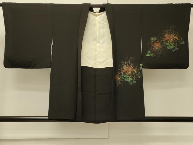 平和屋着物＃羽織　寿光織　草花文　黒地　金糸　正絹　逸品　CABM8104in