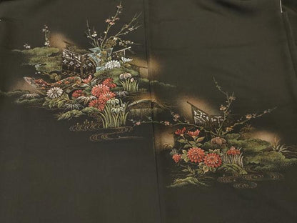 平和屋着物＃羽織　寿光織　風景流水花文　黒地　金銀糸　正絹　逸品　CABM8105in