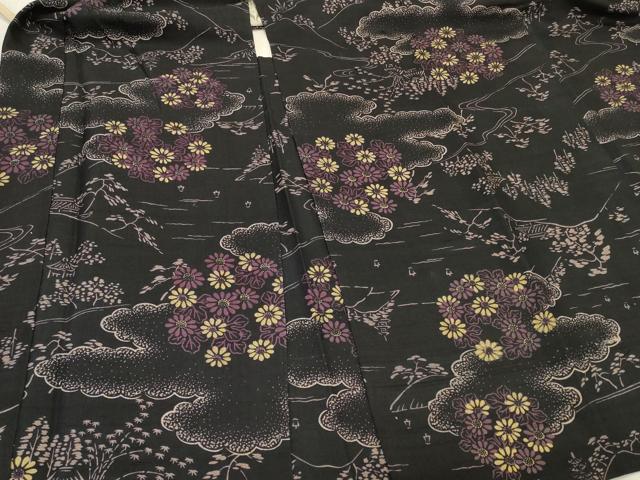 平和屋着物＃羽織　紬地　型染め　雲取り風景花文　正絹　逸品　CABM8138in