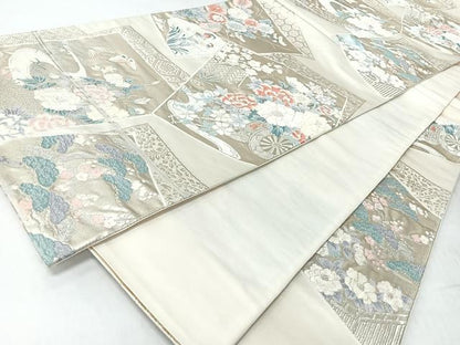 平和屋着物◎六通柄袋帯　慶長色紙文　銀糸　正絹　逸品　CABM8405nb