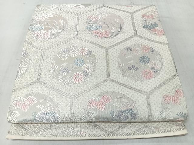 平和屋着物◎六通柄袋帯　唐織　亀甲草花丸文　銀糸　正絹　逸品　CABM8419nb