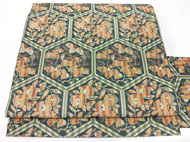 平和屋着物◎八寸名古屋帯　亀甲草花文　銀糸　正絹　逸品　未使用　CABM8424nb