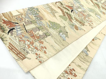 平和屋着物◎六通柄袋帯　人物風景文　金糸　正絹　逸品　CABM8429nb