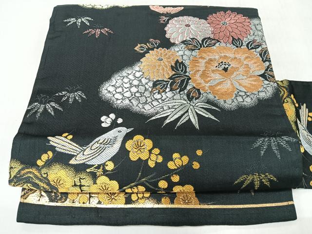 平和屋着物◎九寸名古屋帯　花鳥文　黒地　金銀糸　正絹　逸品　CABM8430nb