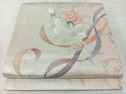 平和屋着物◎九寸開き名古屋帯　刺繍　枝花文　銀糸　正絹　逸品　CABM8433nb