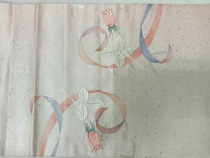 平和屋着物◎九寸開き名古屋帯　刺繍　枝花文　銀糸　正絹　逸品　CABM8433nb