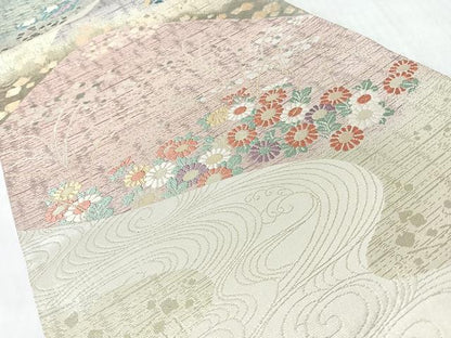 平和屋着物◎六通柄袋帯　流水草花文　金銀糸　正絹　逸品　CABM8434nb