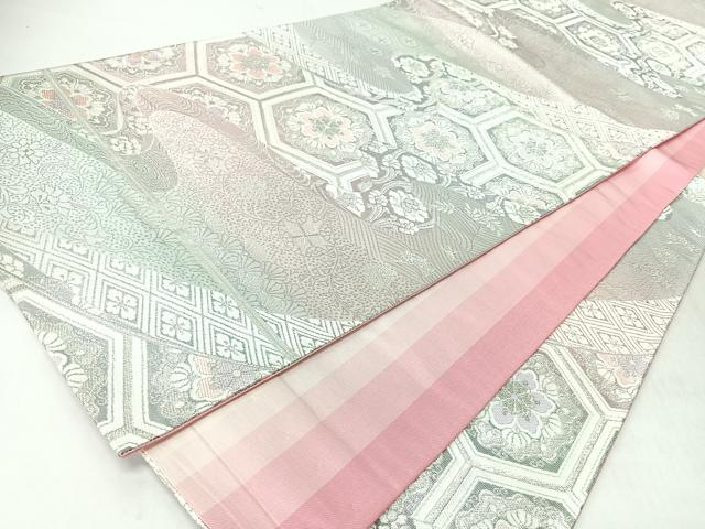 平和屋着物◎六通柄袋帯　流水亀甲更紗花文　銀糸　正絹　逸品　CABM8435nb