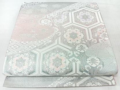 平和屋着物◎六通柄袋帯　流水亀甲更紗花文　銀糸　正絹　逸品　CABM8435nb