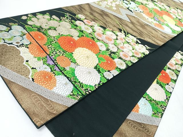 平和屋着物◎六通柄袋帯　唐織　草花文　菊　黒地　金糸　正絹　逸品　CABM8439nb