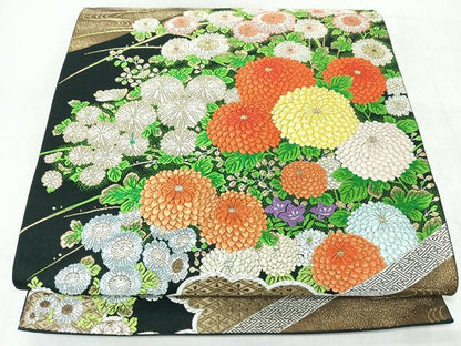 平和屋着物◎六通柄袋帯　唐織　草花文　菊　黒地　金糸　正絹　逸品　CABM8439nb