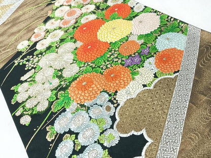 平和屋着物◎六通柄袋帯　唐織　草花文　菊　黒地　金糸　正絹　逸品　CABM8439nb