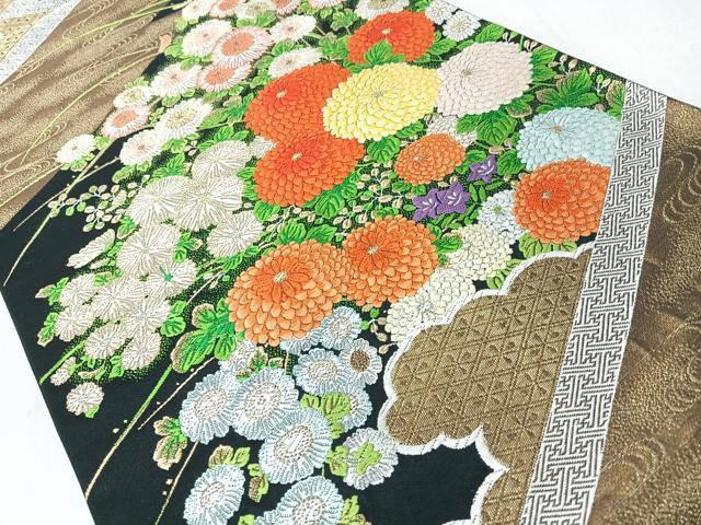 平和屋着物◎六通柄袋帯　唐織　草花文　菊　黒地　金糸　正絹　逸品　CABM8439nb