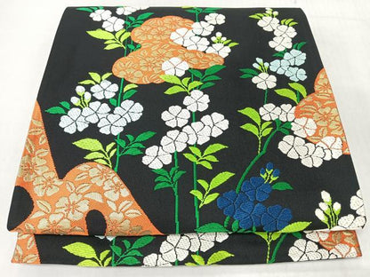 平和屋着物◎六通柄袋帯　草花文　黒地　金糸　正絹　逸品　CABM8448nb