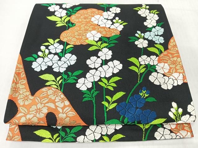 平和屋着物◎六通柄袋帯　草花文　黒地　金糸　正絹　逸品　CABM8448nb